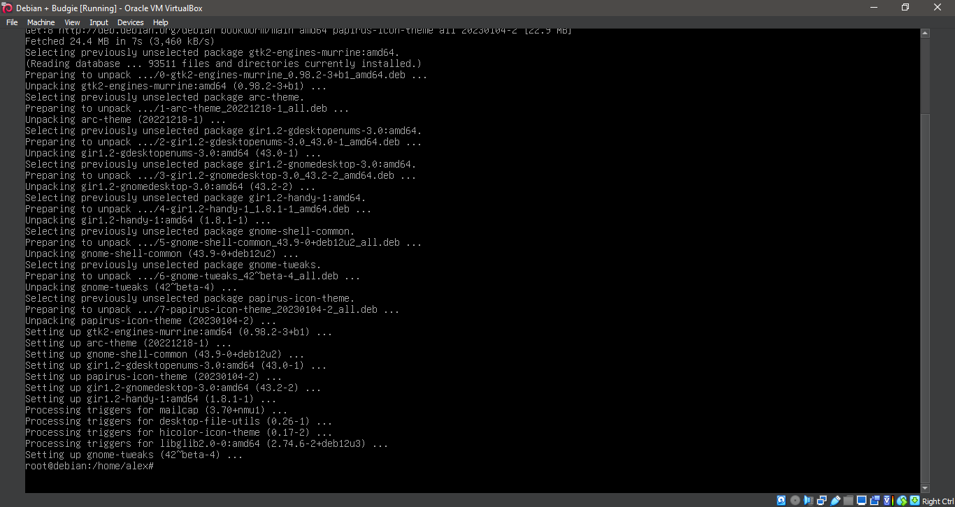 Running 'apt install gnome-tweaks arc-theme papirus-icon-theme'